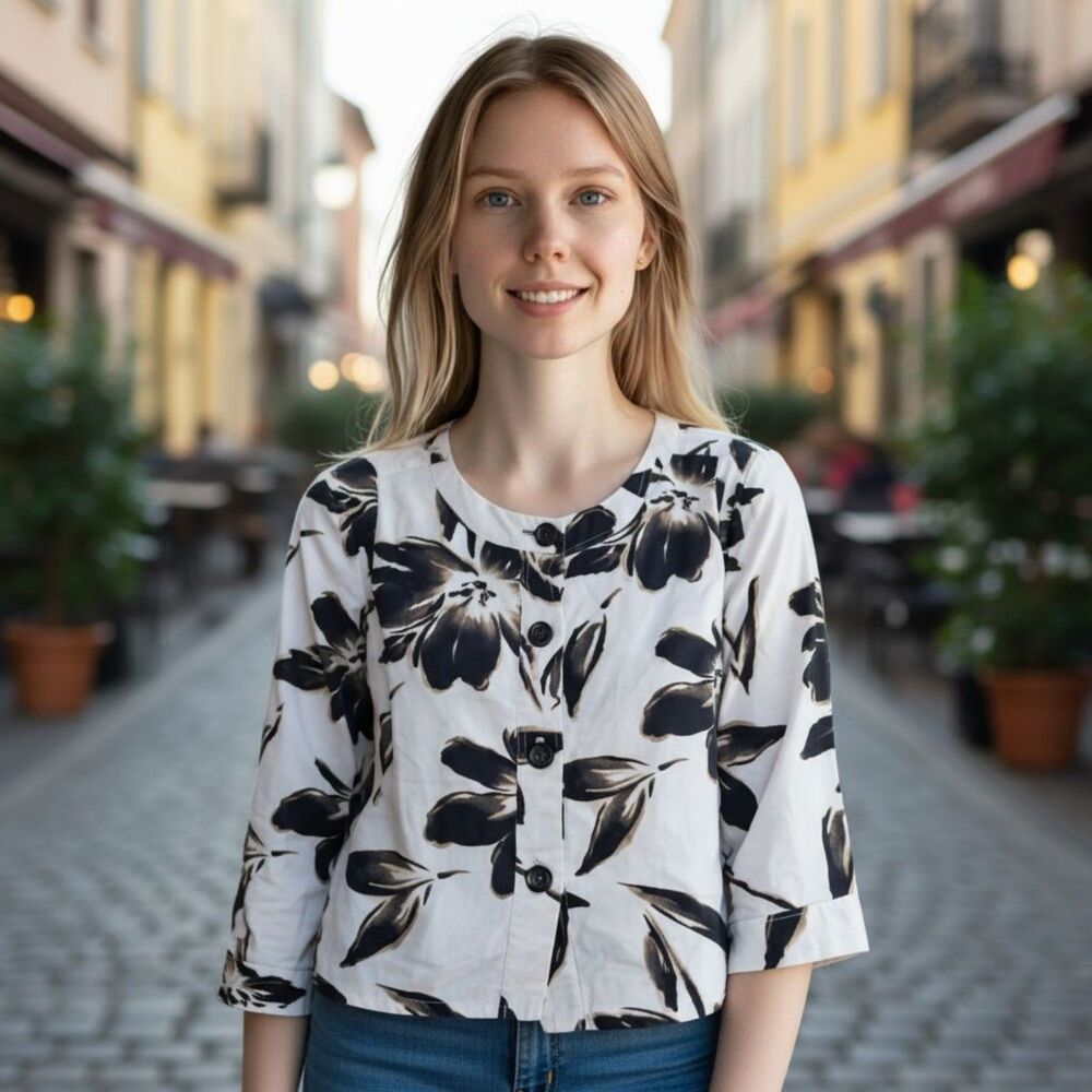 JM Collection 100% Linen Tan Palm Print Button Up Shirt 10P Elbow Sleeve